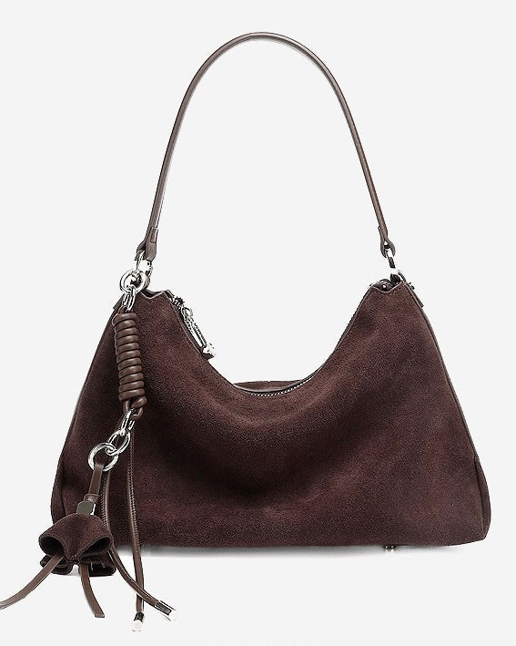 Women's Genuine Leather Suede Hobo Bag with Braided Detail