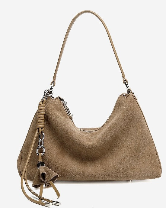 Women's Genuine Leather Suede Hobo Bag with Braided Detail