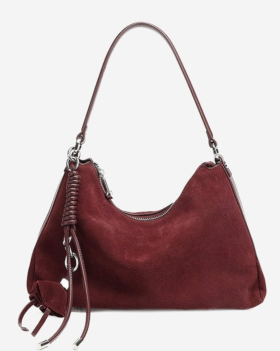 Women's Genuine Leather Suede Hobo Bag with Braided Detail