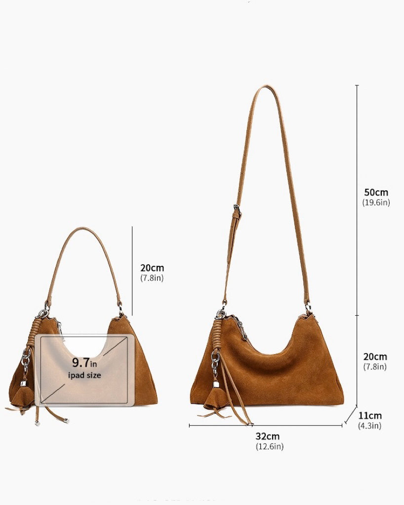 Women's Genuine Leather Suede Hobo Bag with Braided Detail