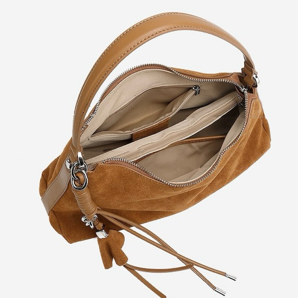 Women's Genuine Leather Suede Hobo Bag with Braided Detail