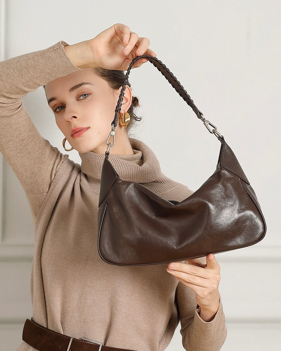 Women's Genuine Leather Braided Handle Hobo Shoulder Bag