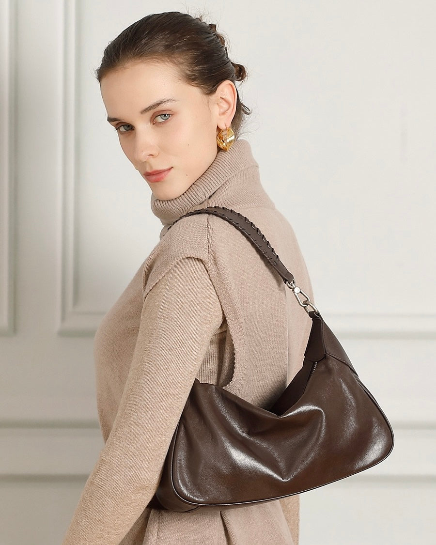 Women's Genuine Leather Braided Handle Hobo Shoulder Bag