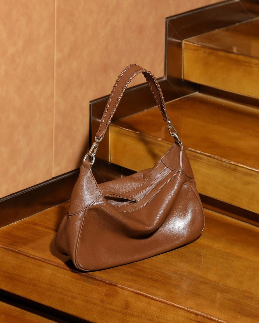 Women's Genuine Leather Braided Handle Hobo Shoulder Bag