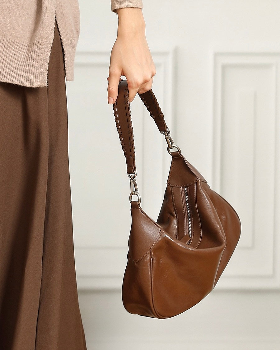 Women's Genuine Leather Braided Handle Hobo Shoulder Bag
