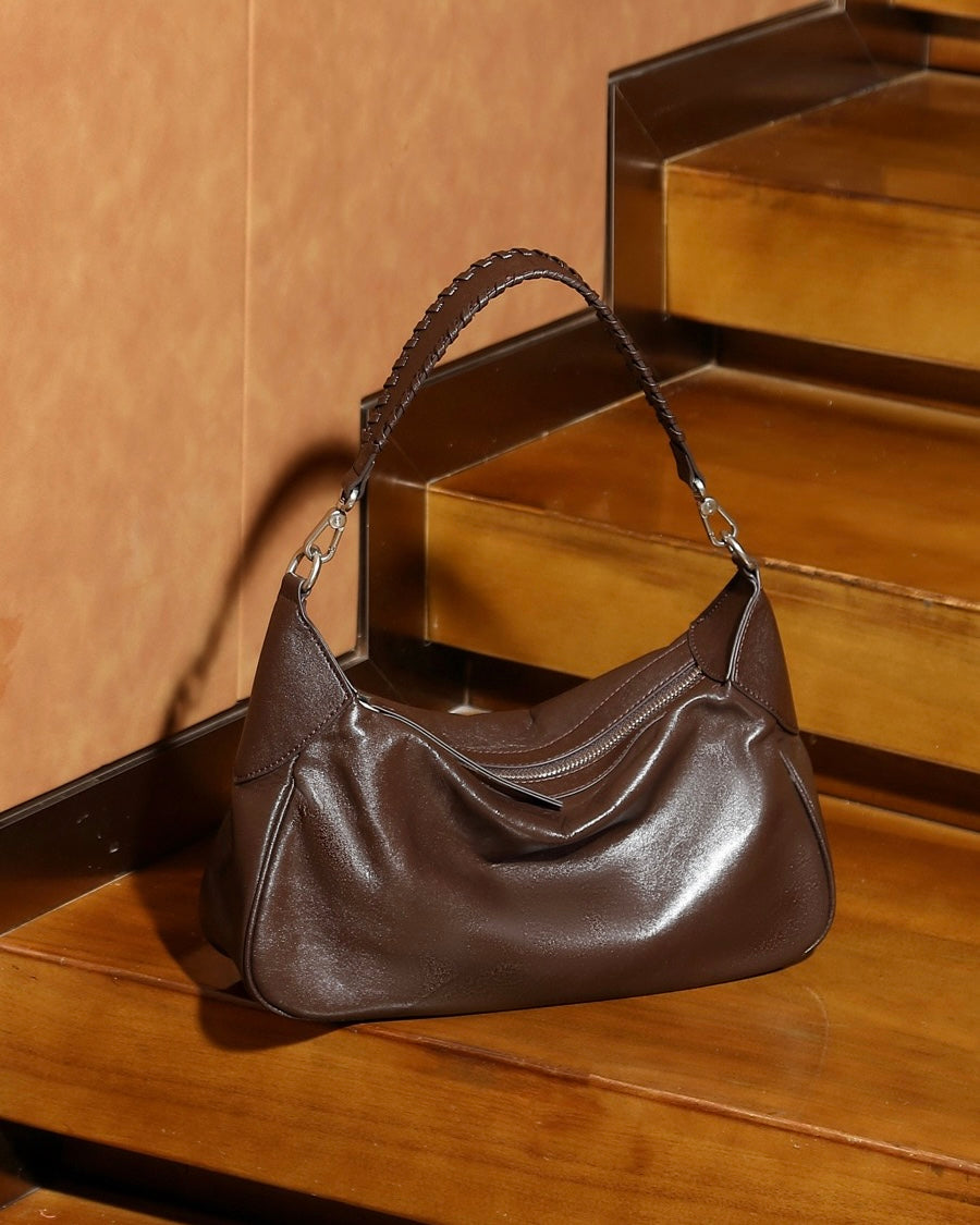 Women's Genuine Leather Braided Handle Hobo Shoulder Bag
