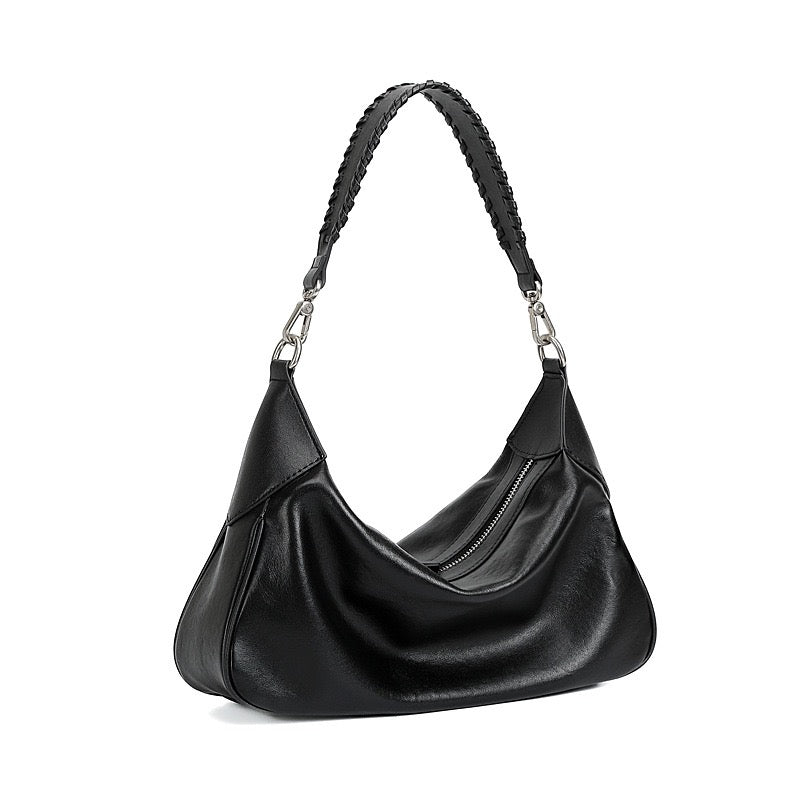 Women's Genuine Leather Braided Handle Hobo Shoulder Bag