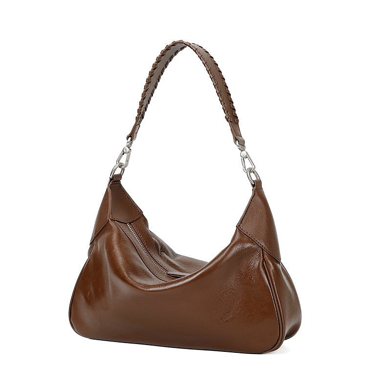 Women's Genuine Leather Braided Handle Hobo Shoulder Bag