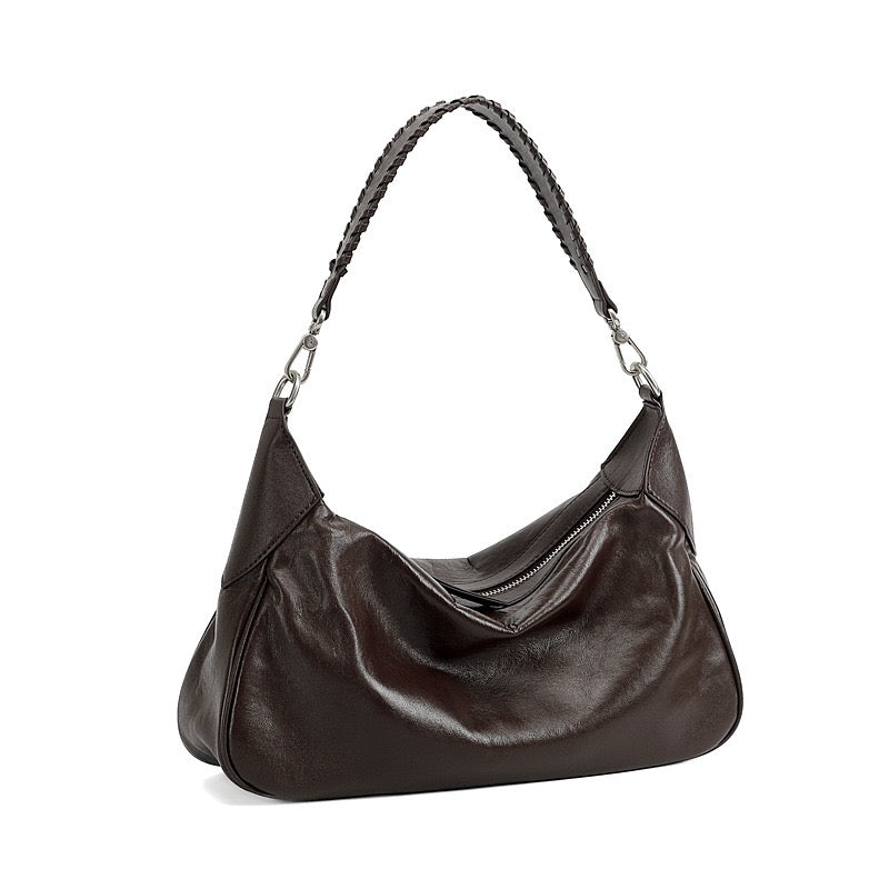 Women's Genuine Leather Braided Handle Hobo Shoulder Bag
