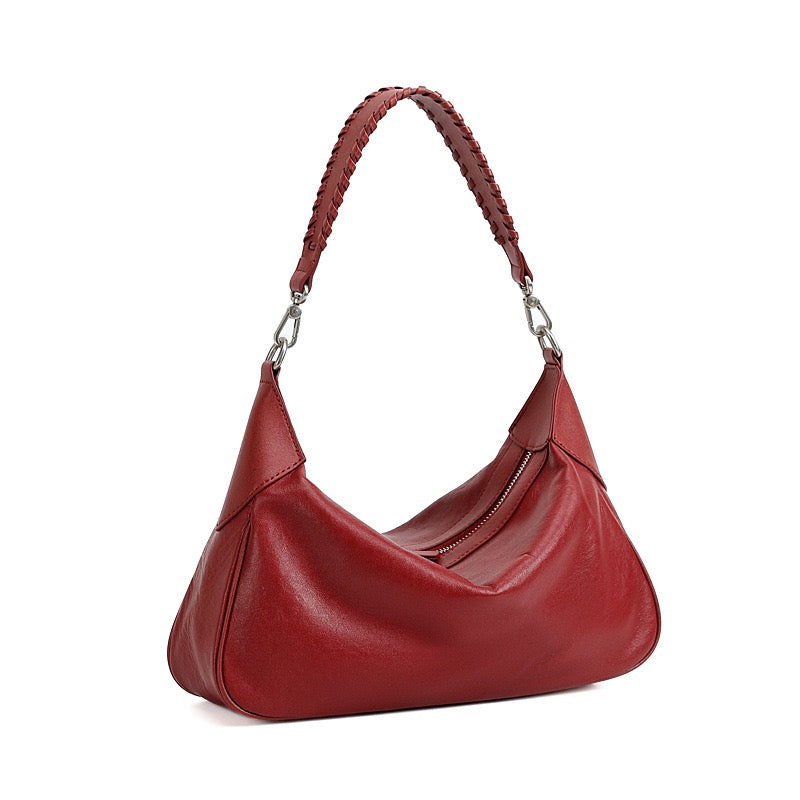 Women's Genuine Leather Braided Handle Hobo Shoulder Bag