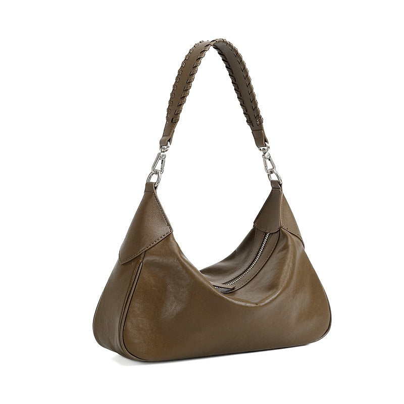 Women's Genuine Leather Braided Handle Hobo Shoulder Bag