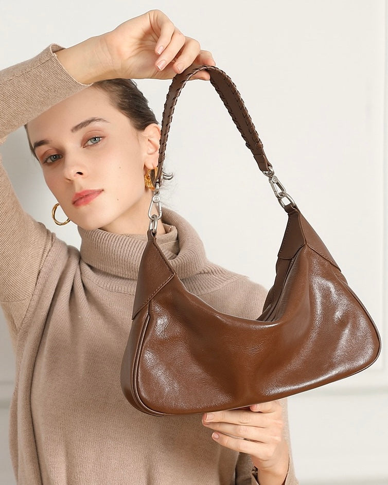 Women's Genuine Leather Braided Handle Hobo Shoulder Bag