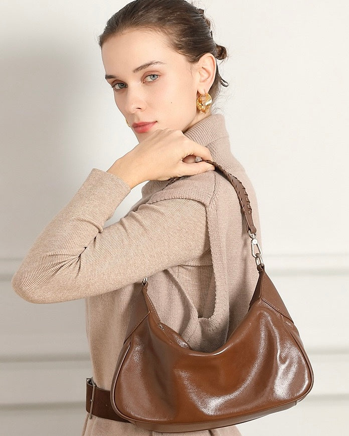 Women's Genuine Leather Braided Handle Hobo Shoulder Bag