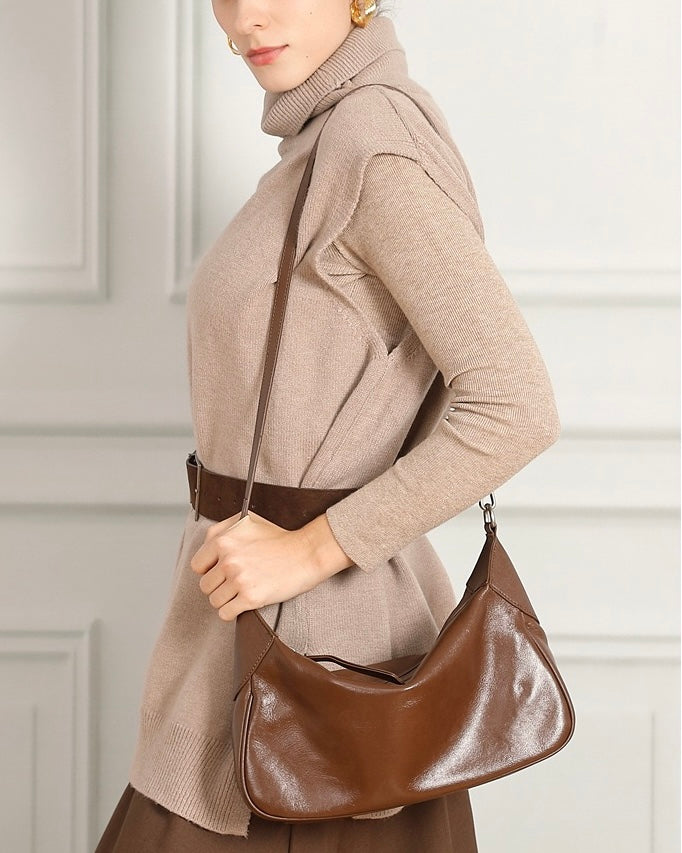 Women's Genuine Leather Braided Handle Hobo Shoulder Bag
