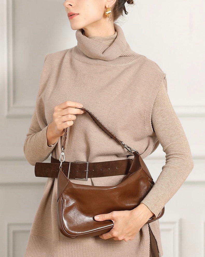 Women's Genuine Leather Braided Handle Hobo Shoulder Bag