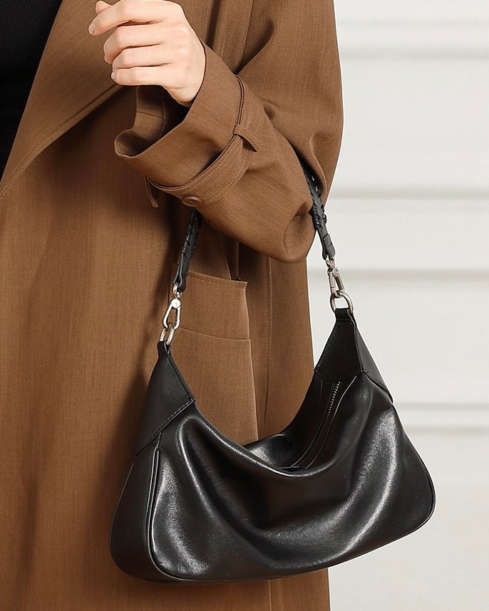 Women's Genuine Leather Braided Handle Hobo Shoulder Bag