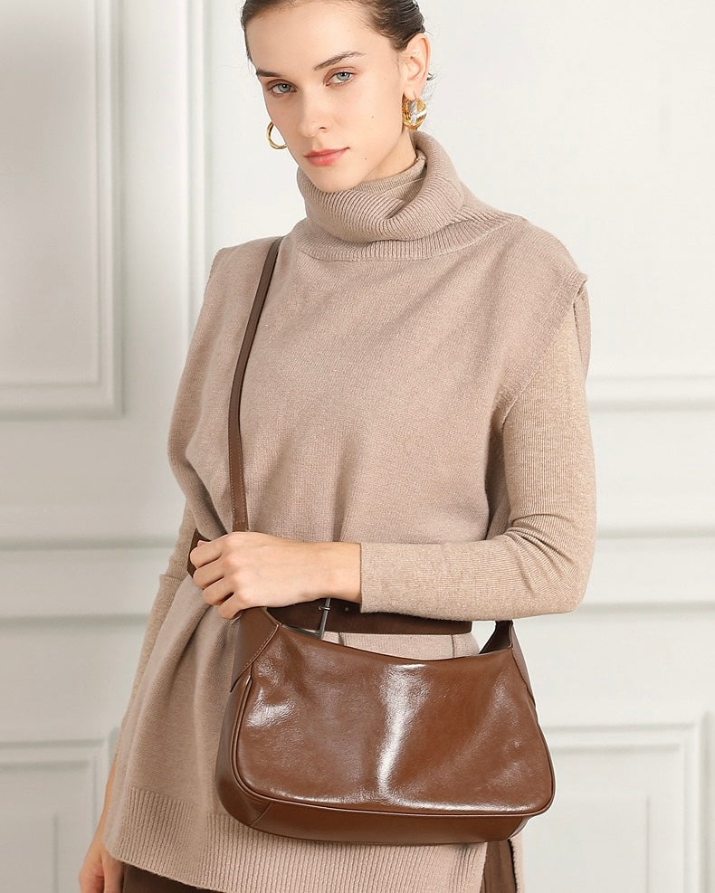 Women's Genuine Leather Braided Handle Hobo Shoulder Bag