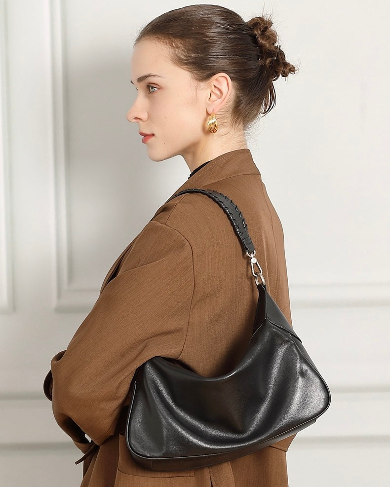 Women's Genuine Leather Braided Handle Hobo Shoulder Bag