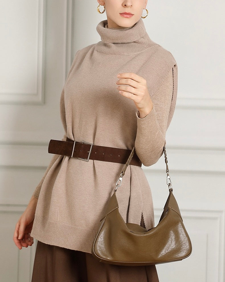 Women's Genuine Leather Braided Handle Hobo Shoulder Bag