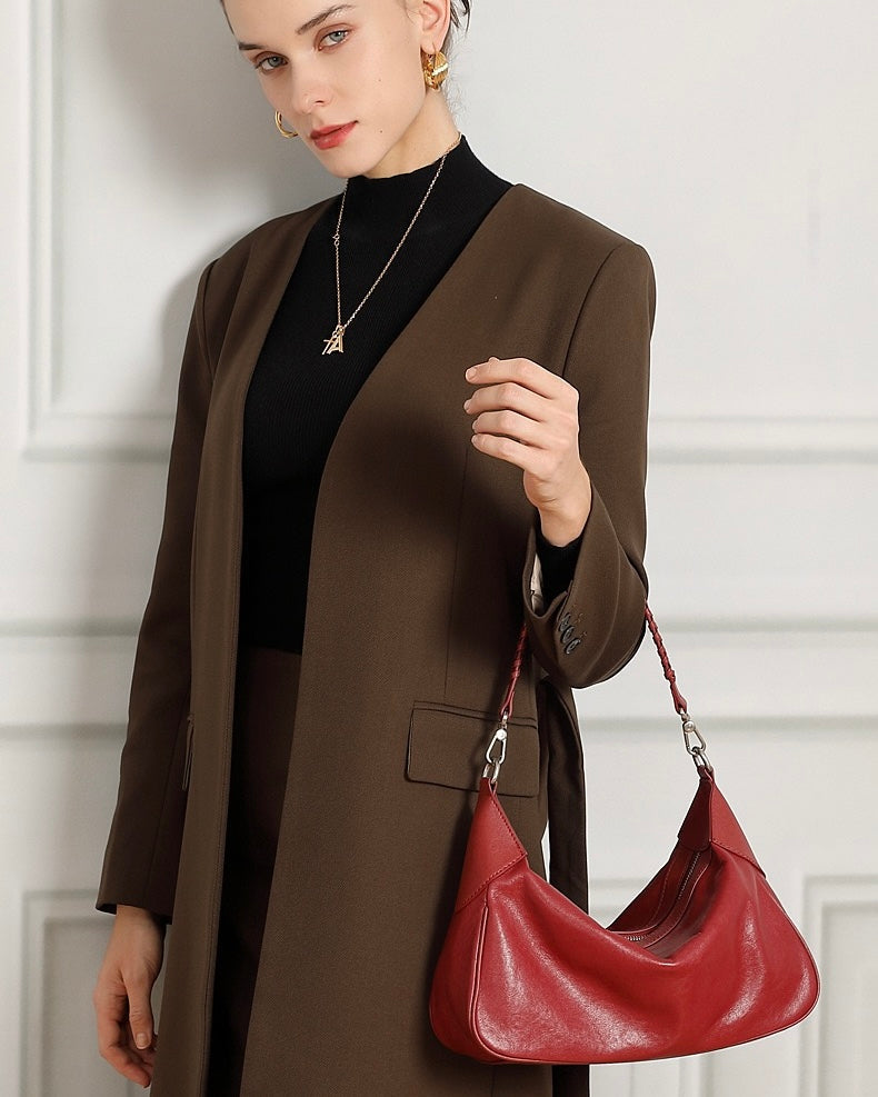 Women's Genuine Leather Braided Handle Hobo Shoulder Bag
