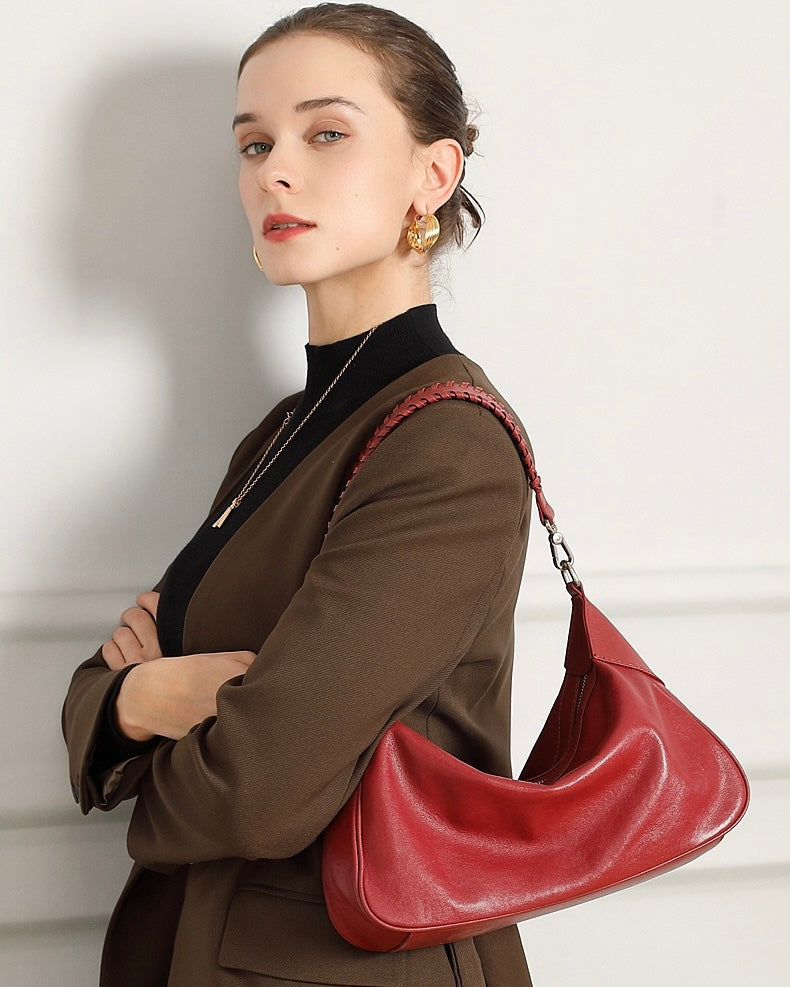 Women's Genuine Leather Braided Handle Hobo Shoulder Bag