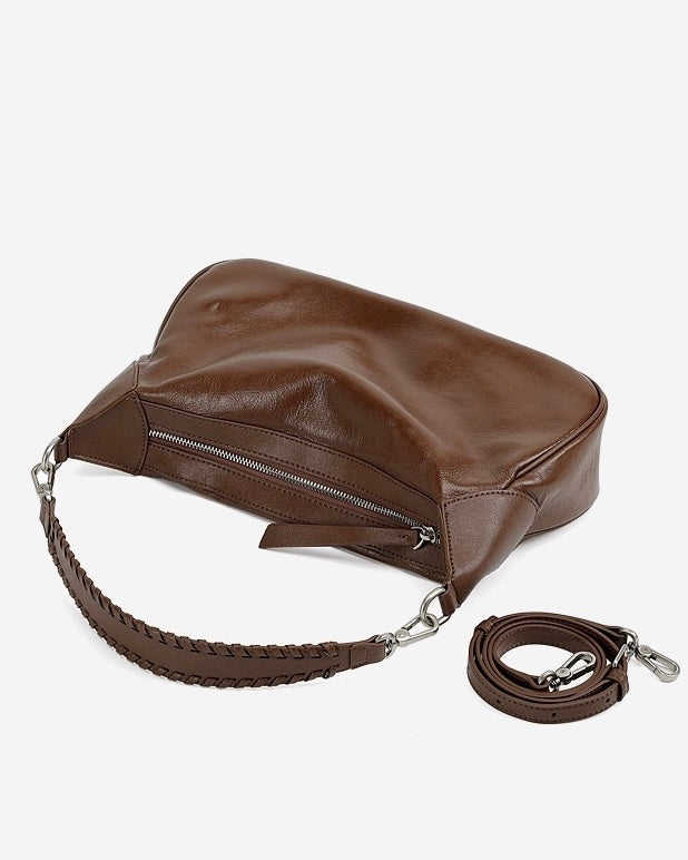 Women's Genuine Leather Braided Handle Hobo Shoulder Bag