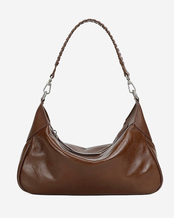 Women's Genuine Leather Braided Handle Hobo Shoulder Bag