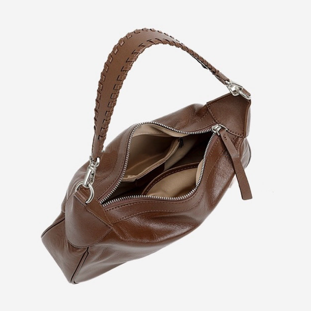 Women's Genuine Leather Braided Handle Hobo Shoulder Bag