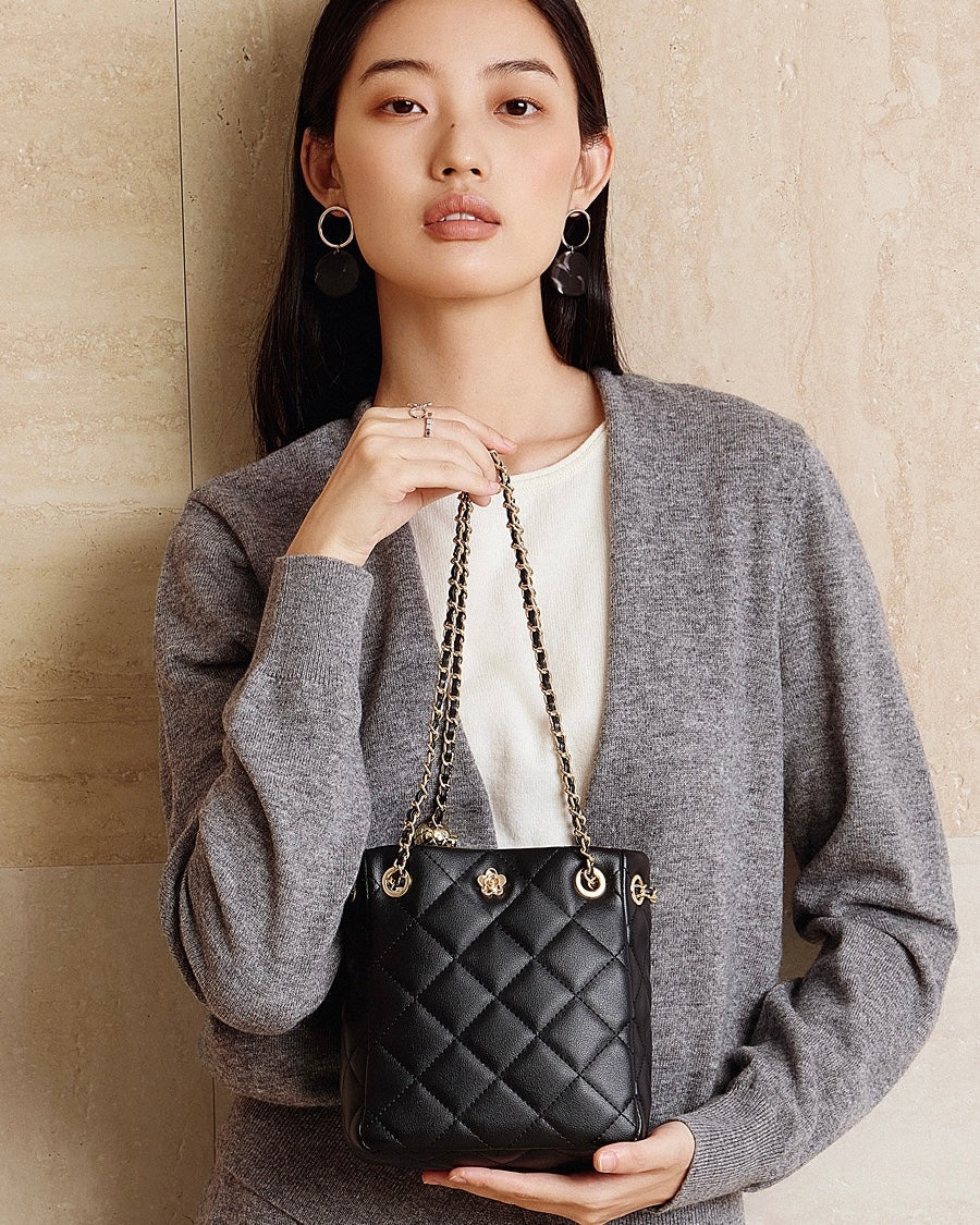 Women's Genuine Leather Quilted Chain Lock Crossbody Bag