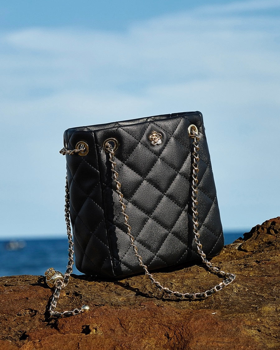 Women's Genuine Leather Quilted Chain Lock Crossbody Bag