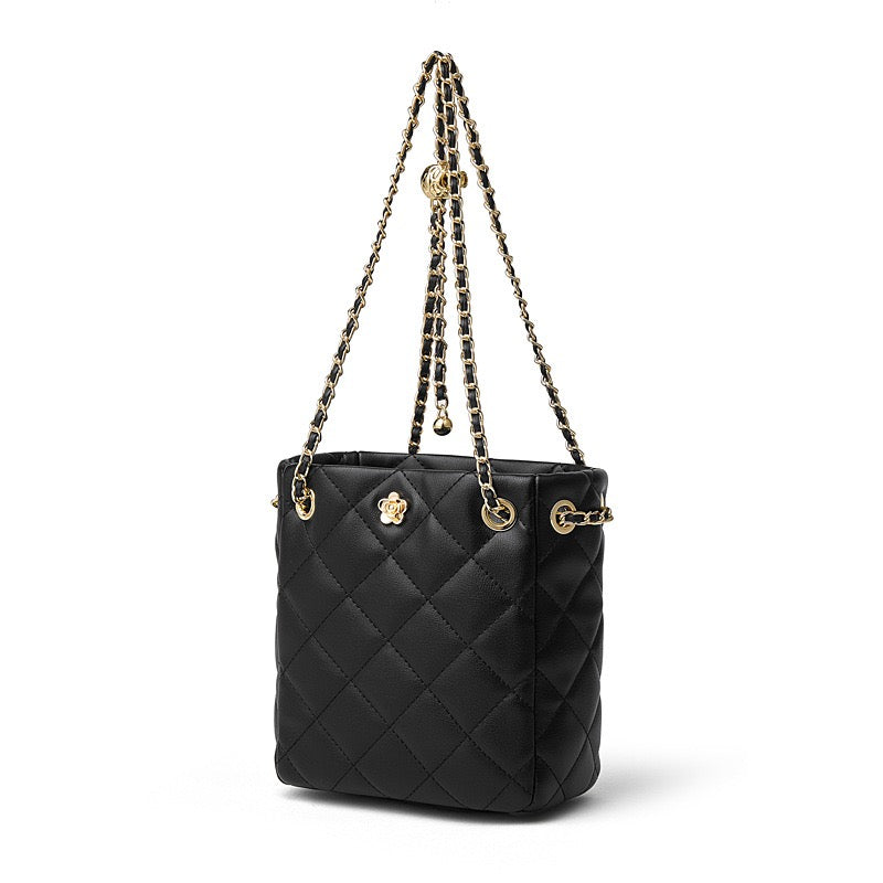 Women's Genuine Leather Quilted Chain Lock Crossbody Bag
