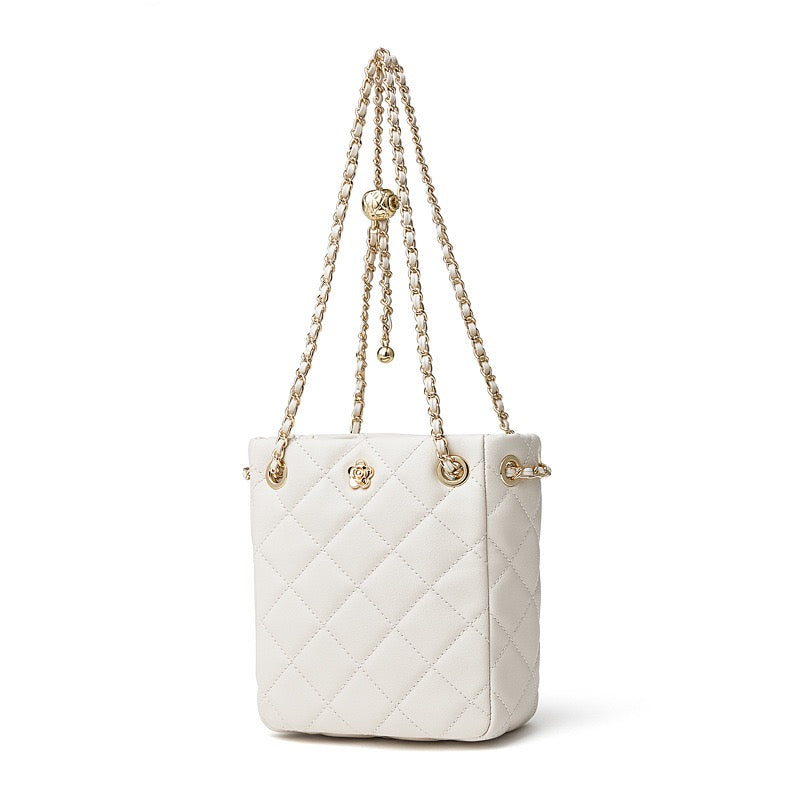 Women's Genuine Leather Quilted Chain Lock Crossbody Bag
