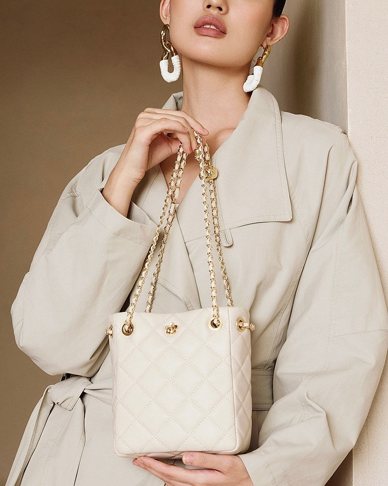 Women's Genuine Leather Quilted Chain Lock Crossbody Bag