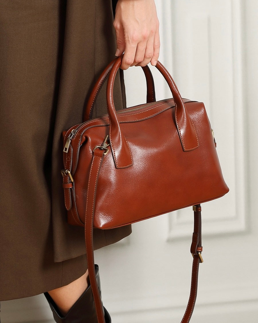 Women's Genuine Leather Pebbled Satchel with Top Handles