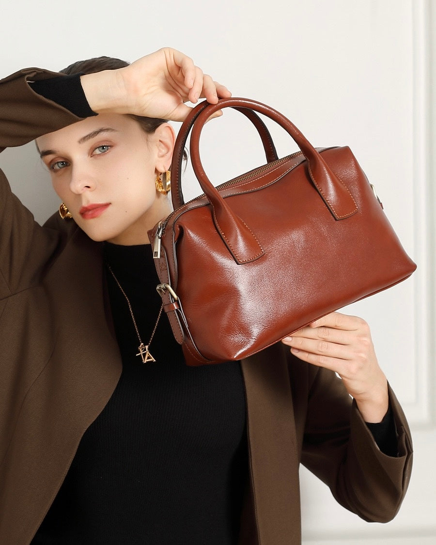 Women's Genuine Leather Pebbled Satchel with Top Handles