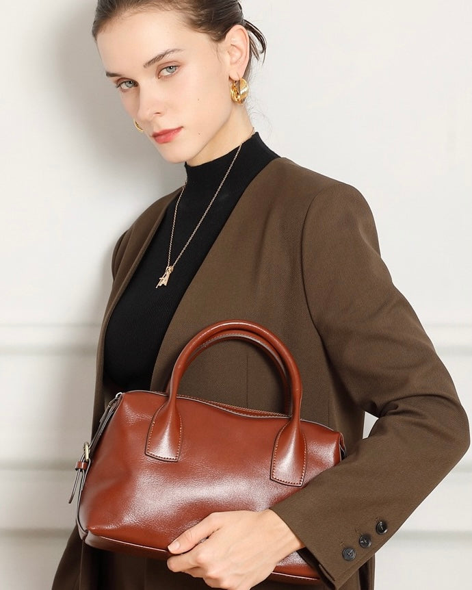 Women's Genuine Leather Pebbled Satchel with Top Handles