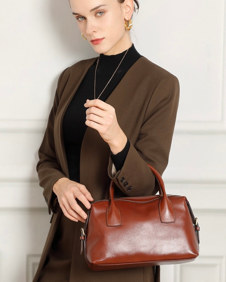 Women's Genuine Leather Pebbled Satchel with Top Handles