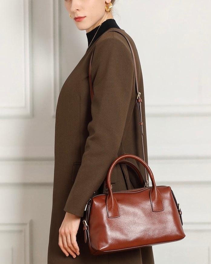 Women's Genuine Leather Pebbled Satchel with Top Handles