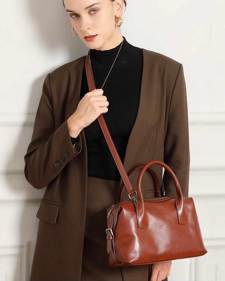 Women's Genuine Leather Pebbled Satchel with Top Handles
