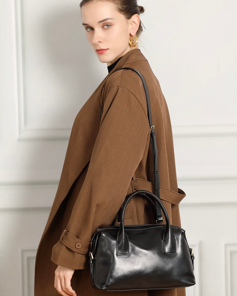 Women's Genuine Leather Pebbled Satchel with Top Handles