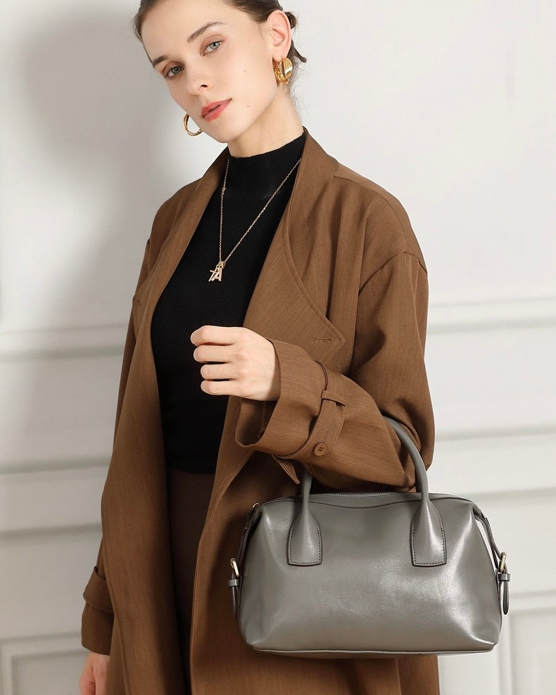 Women's Genuine Leather Pebbled Satchel with Top Handles