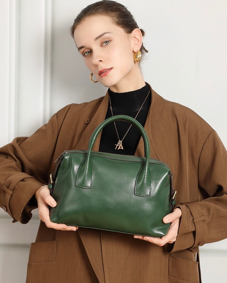 Women's Genuine Leather Pebbled Satchel with Top Handles
