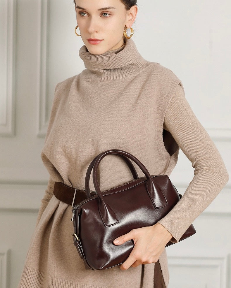 Women's Genuine Leather Pebbled Satchel with Top Handles