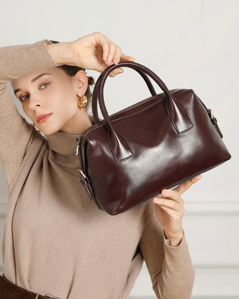 Women's Genuine Leather Pebbled Satchel with Top Handles