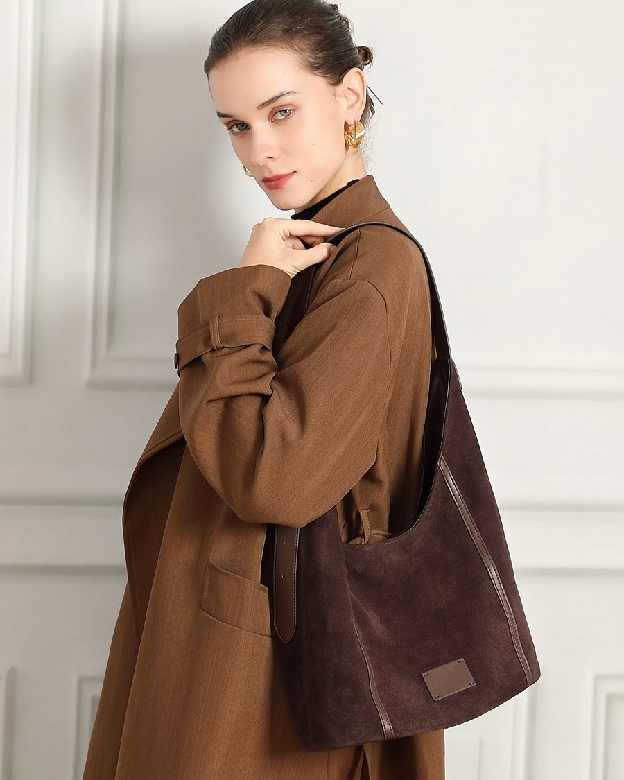 Women's Genuine Leather Suede Patchwork Hobo Shoulder Bag