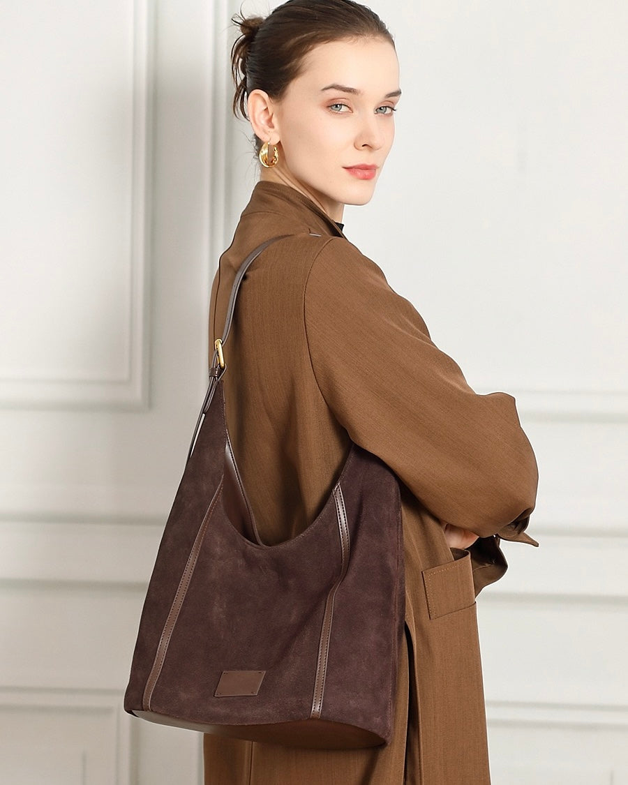 Women's Genuine Leather Suede Patchwork Hobo Shoulder Bag