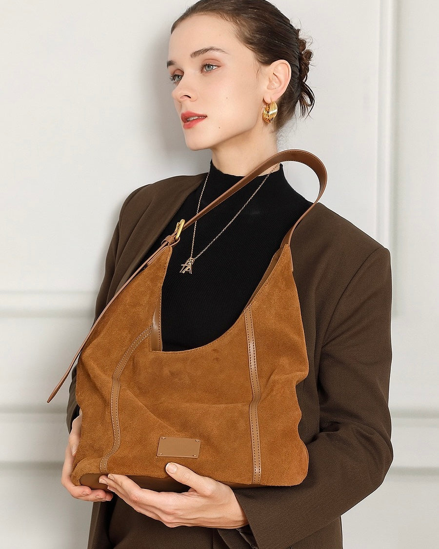 Women's Genuine Leather Suede Patchwork Hobo Shoulder Bag