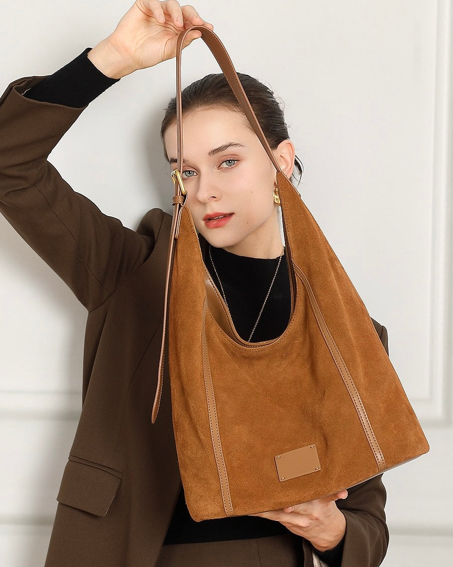 Women's Genuine Leather Suede Patchwork Hobo Shoulder Bag
