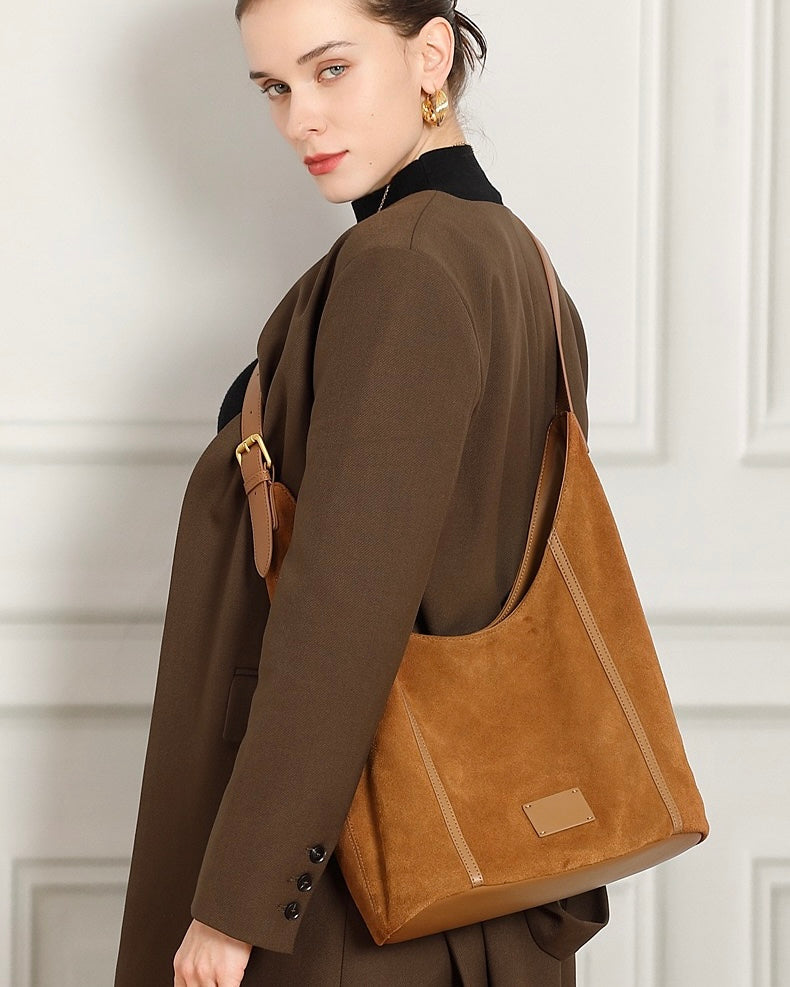 Women's Genuine Leather Suede Patchwork Hobo Shoulder Bag