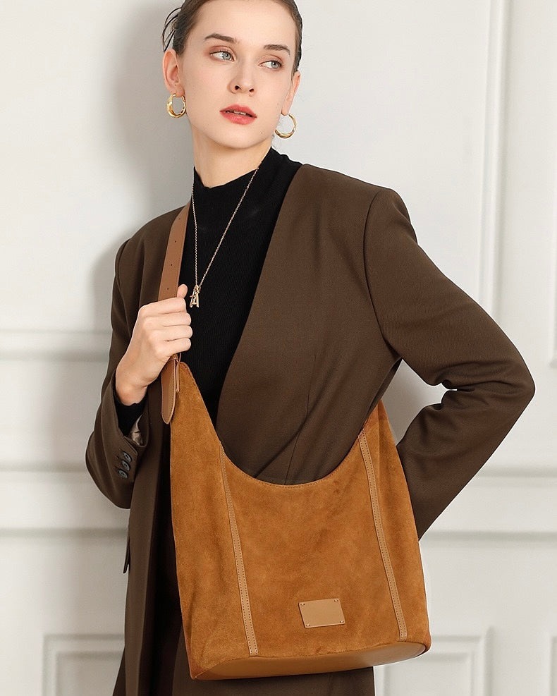 Women's Genuine Leather Suede Patchwork Hobo Shoulder Bag